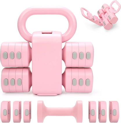 Adjustable 2-in-1 Convertible Kettlebell & Dumbbells Set, 4 in 1 Free Weights Dumbbell Set of 2, Each 2.2 3.3 4.4 5.5lb Quick Change Women Dumbbell Set for Home Exercise Training
