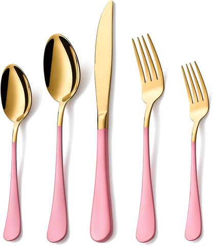 20 Piece Gold and Pink 18/0 Flatware Utensil Set for 4, Include Dinner Knife,Dinner Forks,Dinner Spoons,Salad Forks,Teaspoons,Silverware Set for 4, Dishwasher Safe
