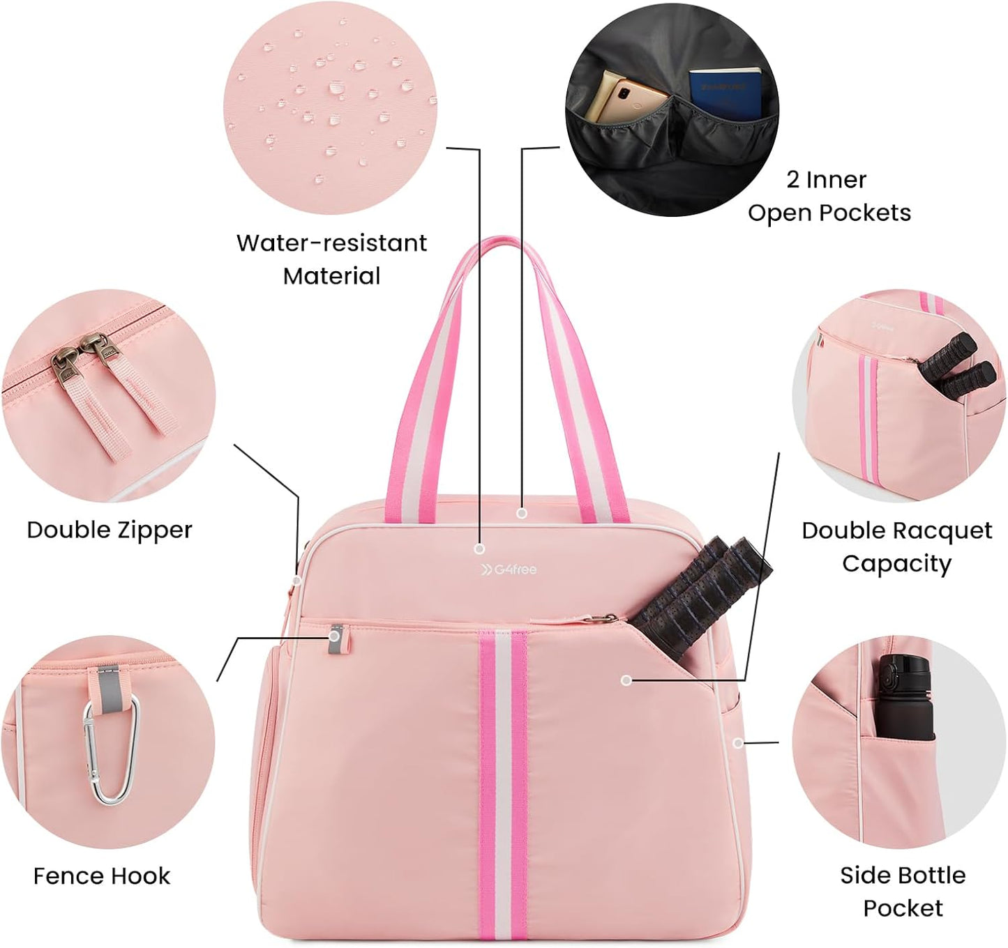 G4Free Pickleball Tote Bag for Women with Shoe Compartment, Fits 2 Paddles