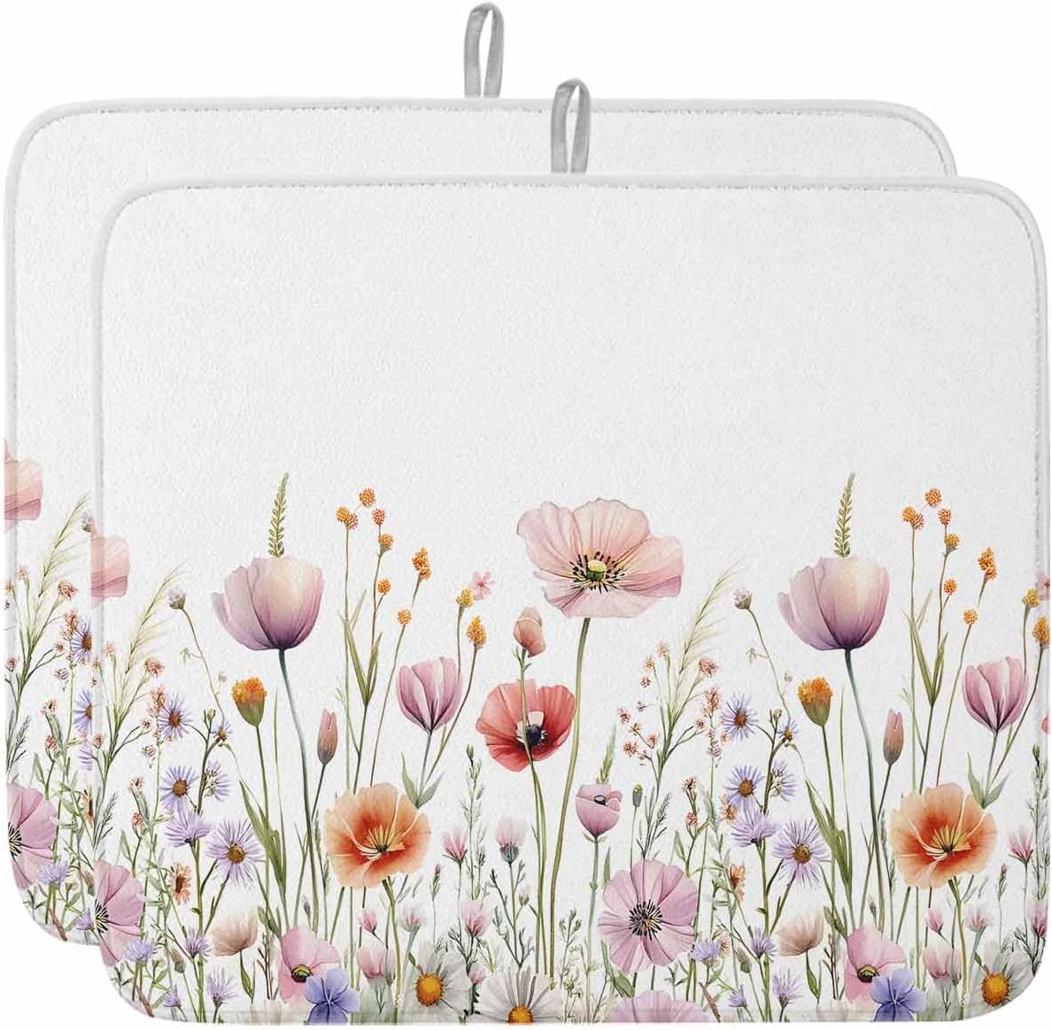Light Pink Dish Drying Mat for Kitchen Counter Floral Rustic Wildflower Leaf Spring Blossom Absorbent Microfiber Quick Dry Pad Non Slip Drainer Mats 16x18 Inch, 2 Pack