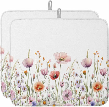 Light Pink Dish Drying Mat for Kitchen Counter Floral Rustic Wildflower Leaf Spring Blossom Absorbent Microfiber Quick Dry Pad Non Slip Drainer Mats 16x18 Inch, 2 Pack