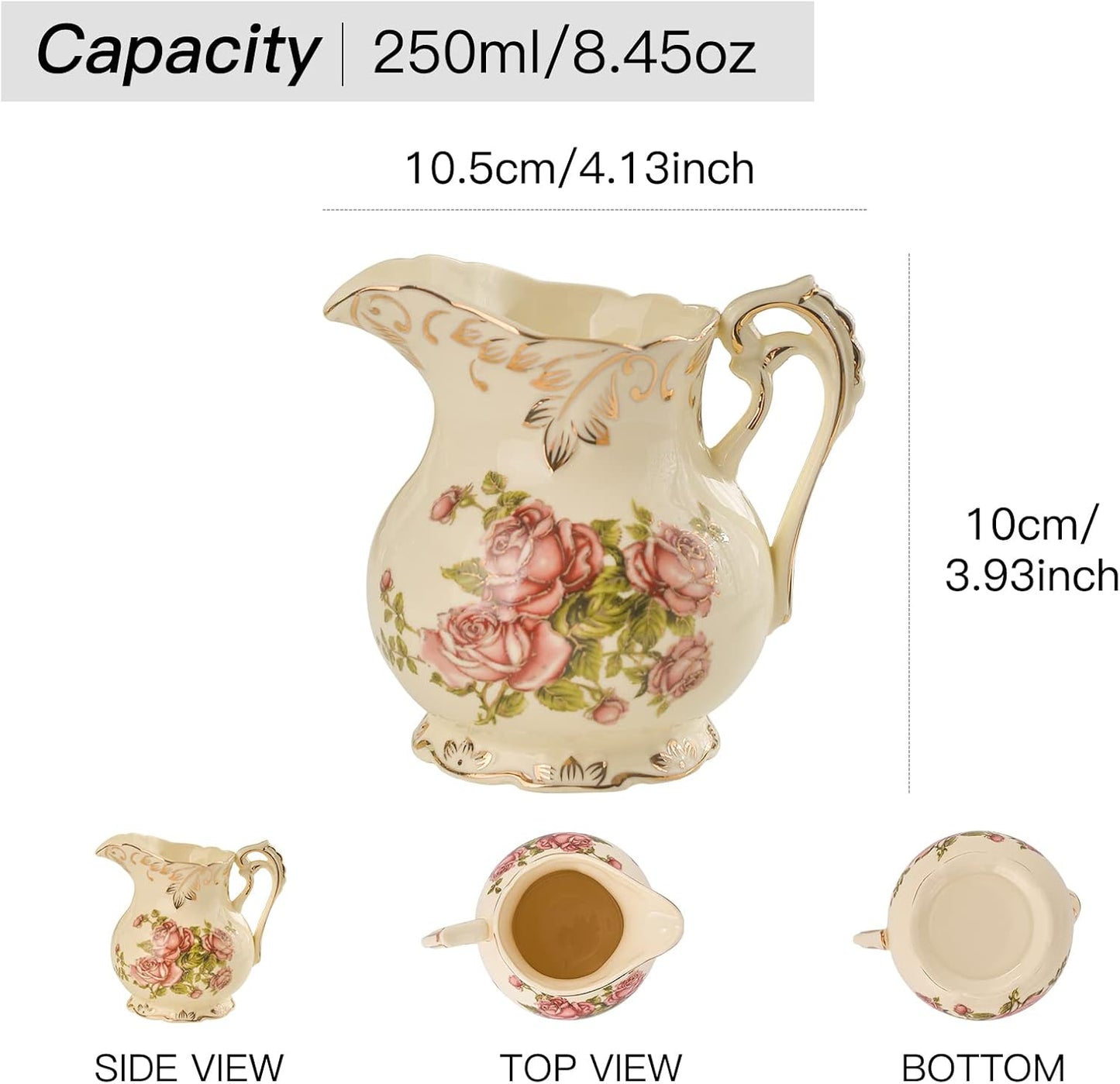 YOLIFE Ceramic Sugar and Creamer Set, Vintage Porcelain Pitcher Creamer Sugar Bowl with Lid, Pink Rose Floarl Golden Leaves Edge