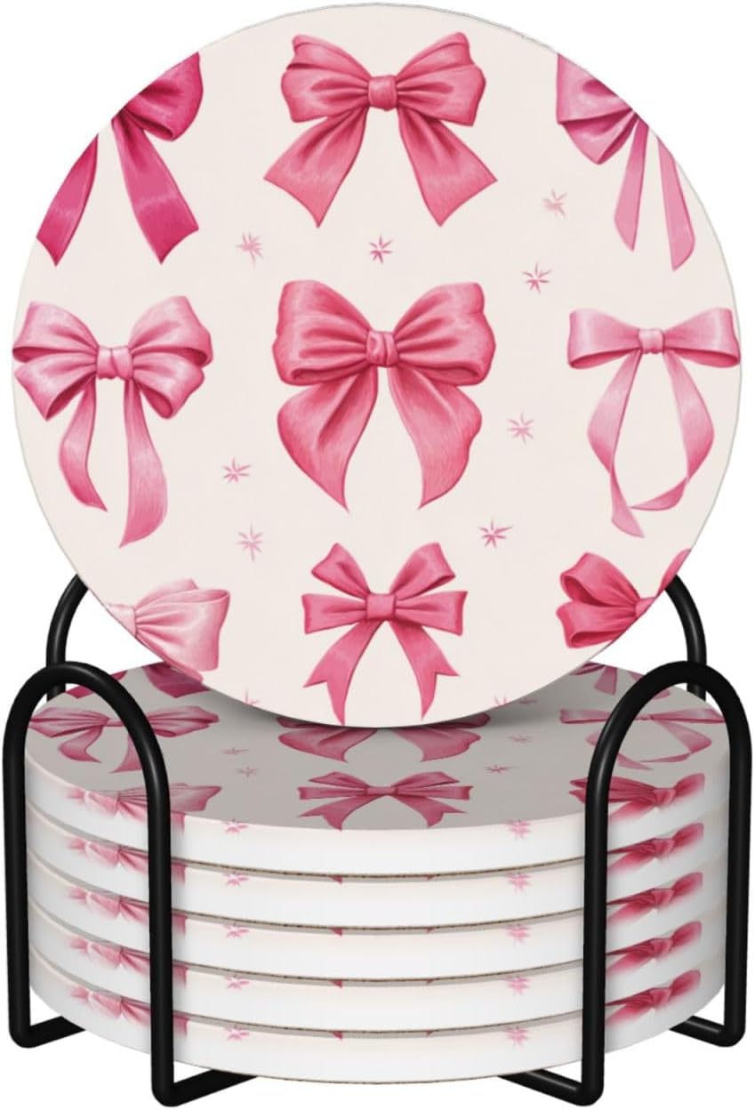 Light Pink Bows in Three Rows Ceramic Coasters with Holder Set of 6 Coffee Cup Drink Coasters
