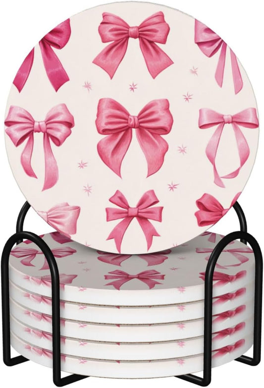 Light Pink Bows in Three Rows Ceramic Coasters with Holder Set of 6 Coffee Cup Drink Coasters