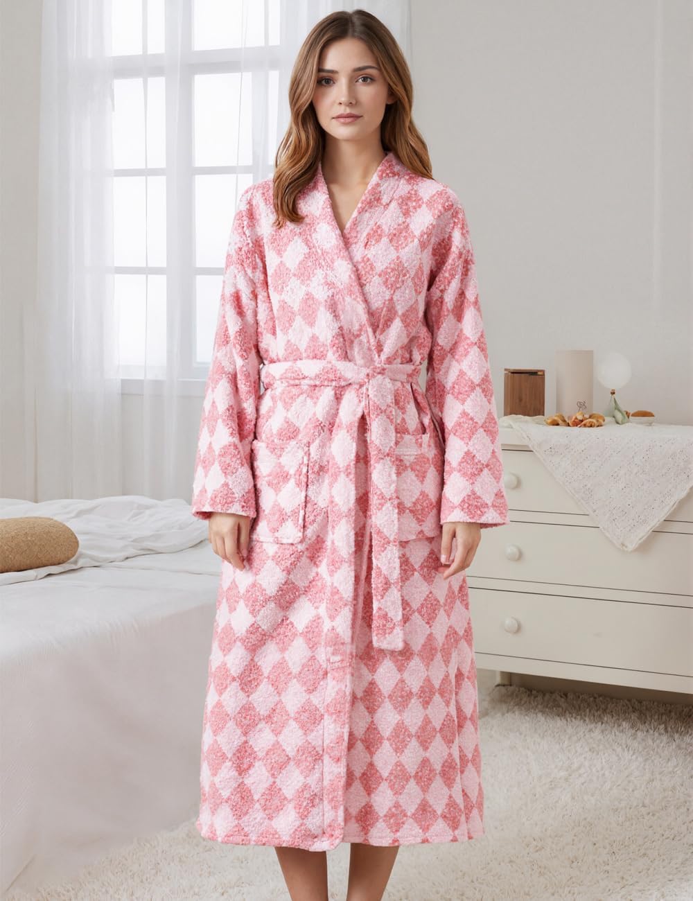 Womens Plush Robes Long Soft Fluffy Bathrobe Bathrobe With Pocket Belt Warm Robes