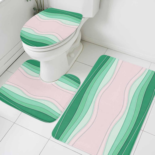 Green Stripes Bathroom Rugs Mat Sets 3 Piece, Light Pink Ombre Simple Abstract Lines Bath Shower Rugs with U-Shaped Contour Toilet Mat, Small Absorbent Bathtub Runner Rugs Floor Mats