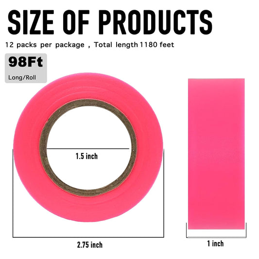 GEYYANG 12 Pack Fluorescent Pink Flagging Tape,Non-Adhesive Plastic Ribbon,Neon Marking Tape for Survey Boundaries, Trees and Hazardous Areas,Surveyors Tape,Flag Tape,1" x 98ft,3.35 Mil