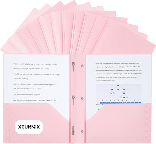 Two-Pocket-Folders with 3 Prongs, Letter Size Plastic Folders with Pockets and Prongs, Poly Plastic Folders for Office & School. 6 Pastel Colors (Pink - 12 Packs)