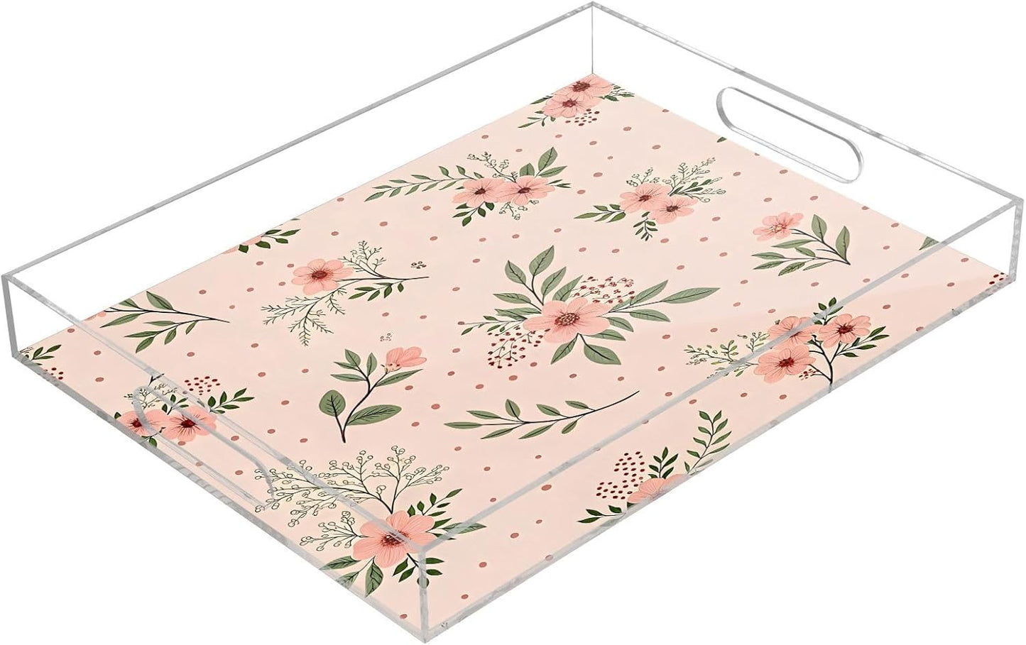 Elegant Flowers Pink Serving Tray 12" x 16" Acrylic Trays with Handles Decorative Serving Platter for Coffee, Breakfast in Bed, Dinner, Appetizers, Patio, Party