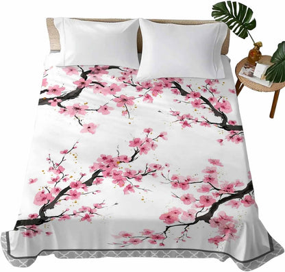 Spring Pink Flowers Full Size Sheets - Hotel Quality Full Flat Sheet Only 1 Pack, Botanical Peach Blossoms Floral Soft Bed Sheet Brushed Microfiber Bedding Top Sheets for Home Dorm