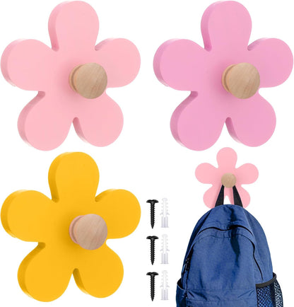AceOrbit Pcs Daisy Wall Hooks Wood Flower Towel Hooks Cute Flower Decorative Wall Mount Hangers for Bathroom Kitchen Bedroom Home Entryway Decor (3,Yellow, Pink, Purple)
