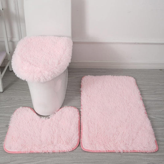 SEAHOME Bathroom Rug Sets 3 Piece Non Slip, Toilet Lid Cover and Contour Mat, Bath Mats Shower Mat for Tub (Pink)