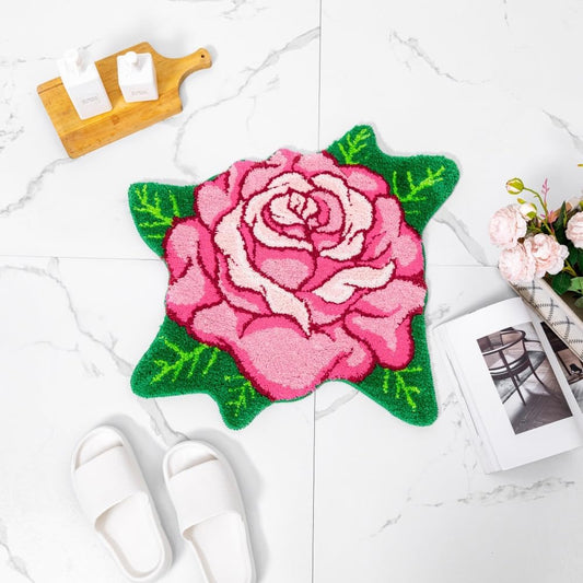 Pink Bathroom Rugs Cute Rose Flower Shaped Bath Mat Green Leaf Decor Bath Rug Non Slip Floor Door Carpet Microfiber Bathmat Absorbent Washable Bathtub Mats for Shower Tub for Bathroom 25.6" x 25.6''