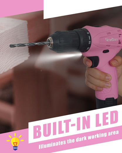 Cordless Drill Set, 12V Power Drill Driver with 2 Battery and Charger, Pink Electric Drill Power Tool for Women DIY Gifts