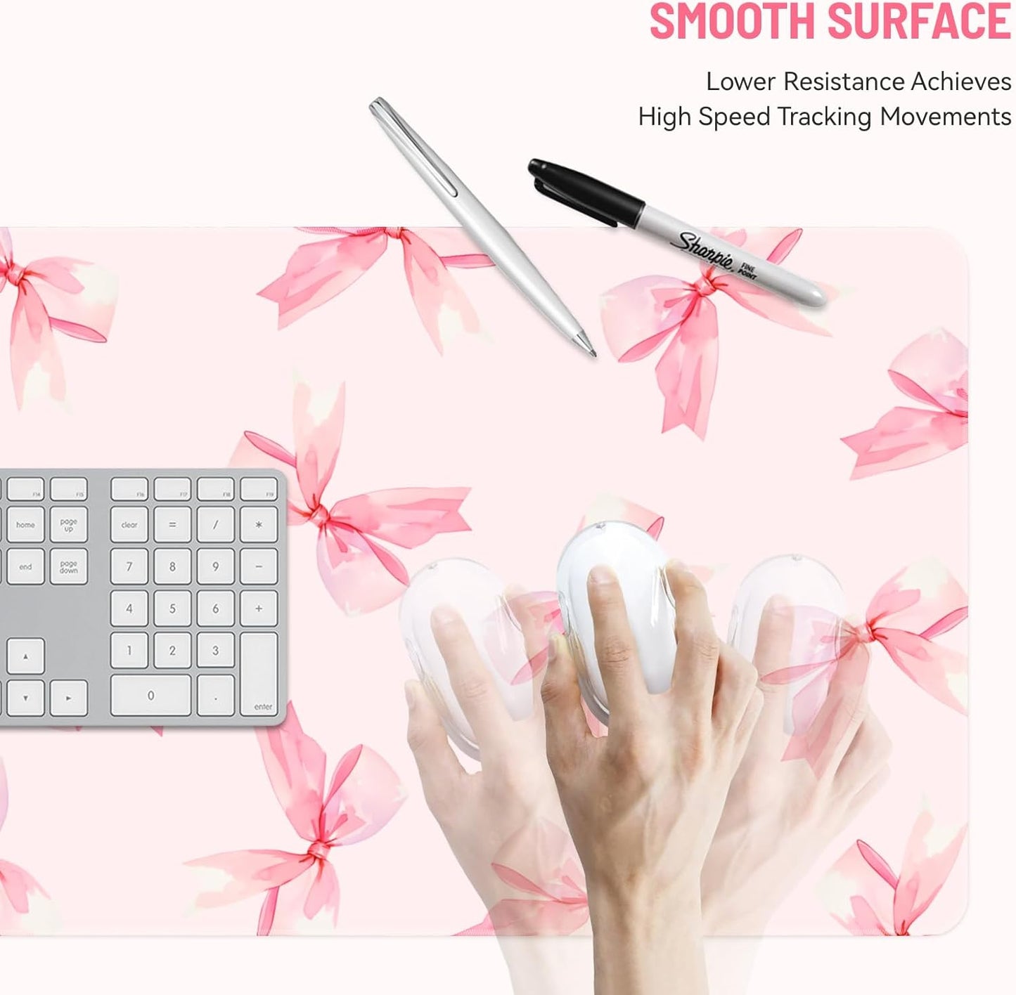Mousepad Desk Mat Gaming Large Keyboard Cute Office Desktop Computer Laptop XXL Long Big Kawaii Aesthetic Girly Pretty Design Women Girl Gamer Oversized Wide 30x12'' Mousepad, Pink Bow