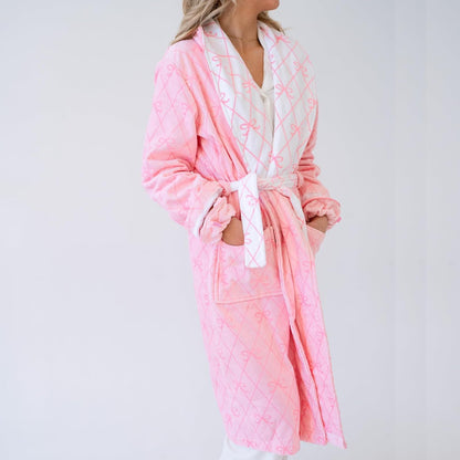 Miqil Women Fuzzy Fleece Flannel Lounge Robe Cute Bow Knot Heart Print Shawl Collar Belted Plush Soft Bathrobe with Pockets