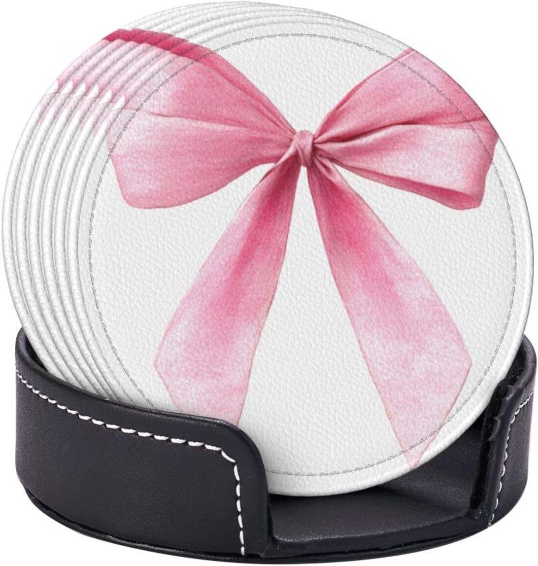Watercolor Light Pink Coquette Bow Premium Leather Coasters, Set of 6 with Holder, Stylish Beverage Coasters for Kitchen Coffee Bar