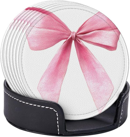 Watercolor Light Pink Coquette Bow Premium Leather Coasters, Set of 6 with Holder, Stylish Beverage Coasters for Kitchen Coffee Bar