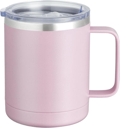 MEWAY 12oz Coffee Mug With Handle and Sliding Lid,Stainless Steel Travel Tumbler Cup with Handle,Double Wall Vacuum Insulated Camping Cup for Hot & Cold Drinks Tea (Pink,Set of 1)