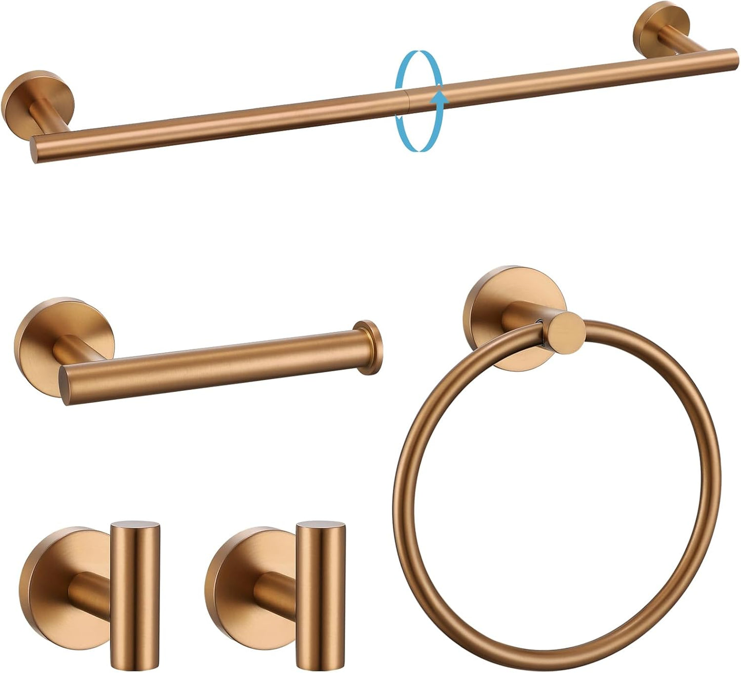 TURS Brushed Rose Gold 5 Piece Bathroom Hardware Set, SUS304 Stainless Steel 23.6 Inch Bath Towel Bar Set, Round Bathroom Accessories Kit Wall Mounted