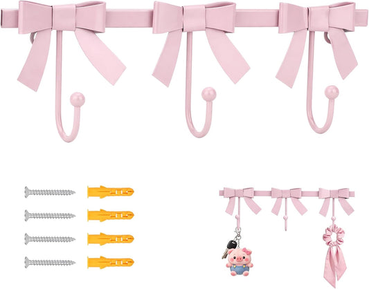 Pink Bow Hooks Gold Bow Wall Hook, 3 Bow Knot Coat Hooks Metal Bowknot Towel Hooks Door Hanger Holder for Wedding Bathroom Bags Coats Hats Coffee Mugs Room Kitchen Decor (Pink-BB)
