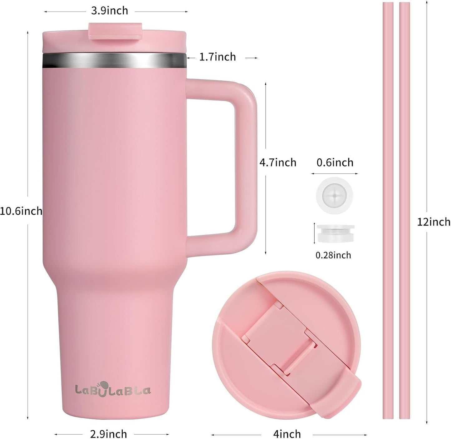 Labulabla 40oz Tumbler with Handle,Double Wall Vacuum Reusable Stainless Steel Insulated Water Bottle,With Leak Proof lid and Straw for Iced or Cold Beverages (light pink)