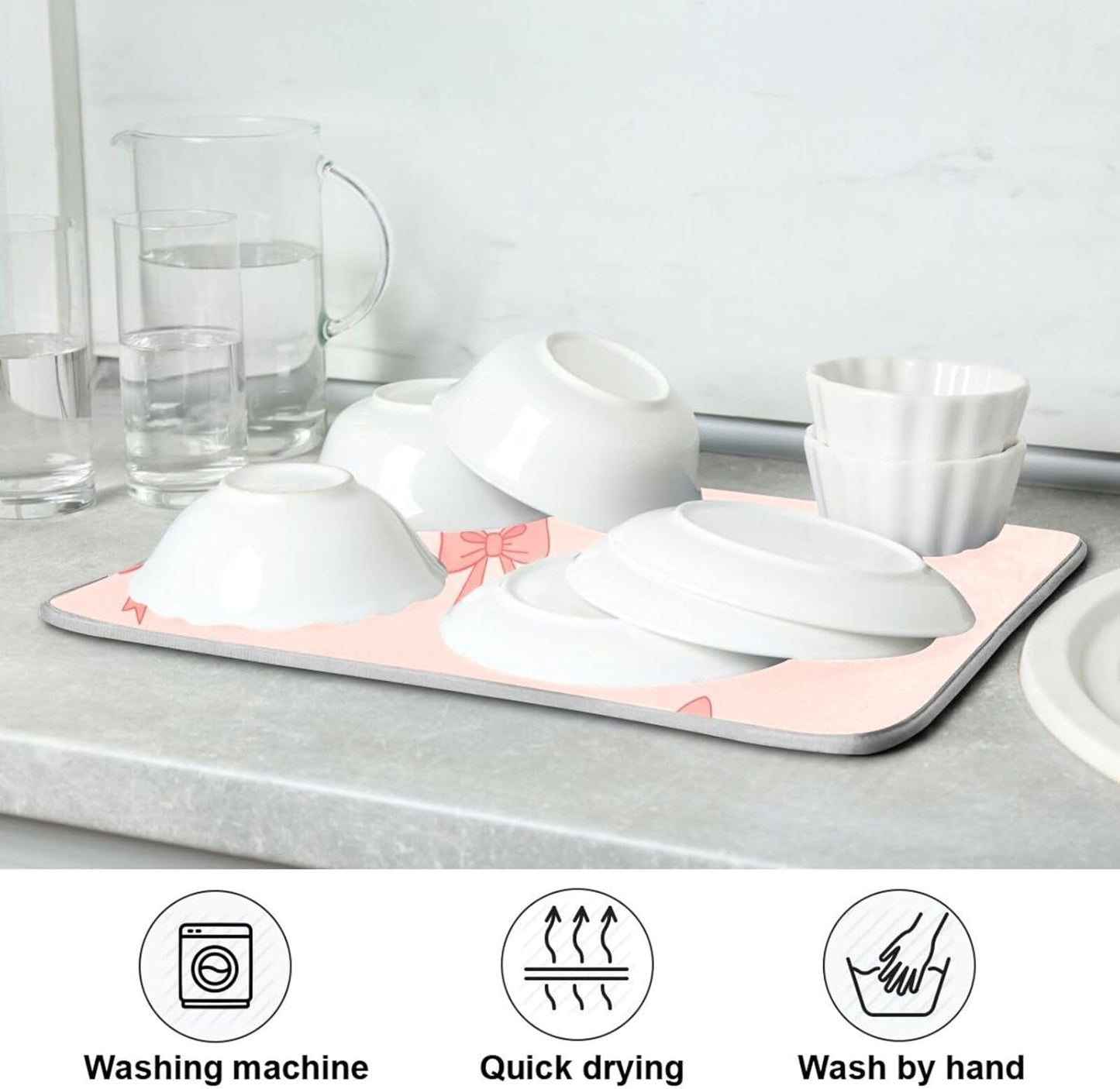 Bow Light Pink Dish Drying Mat for Kitchen Counter with Absorbent Quick Dry Slip Resistant Dish Drying Pad for Sink Coffee Bar Draining Racks, 16 x 18 Inches