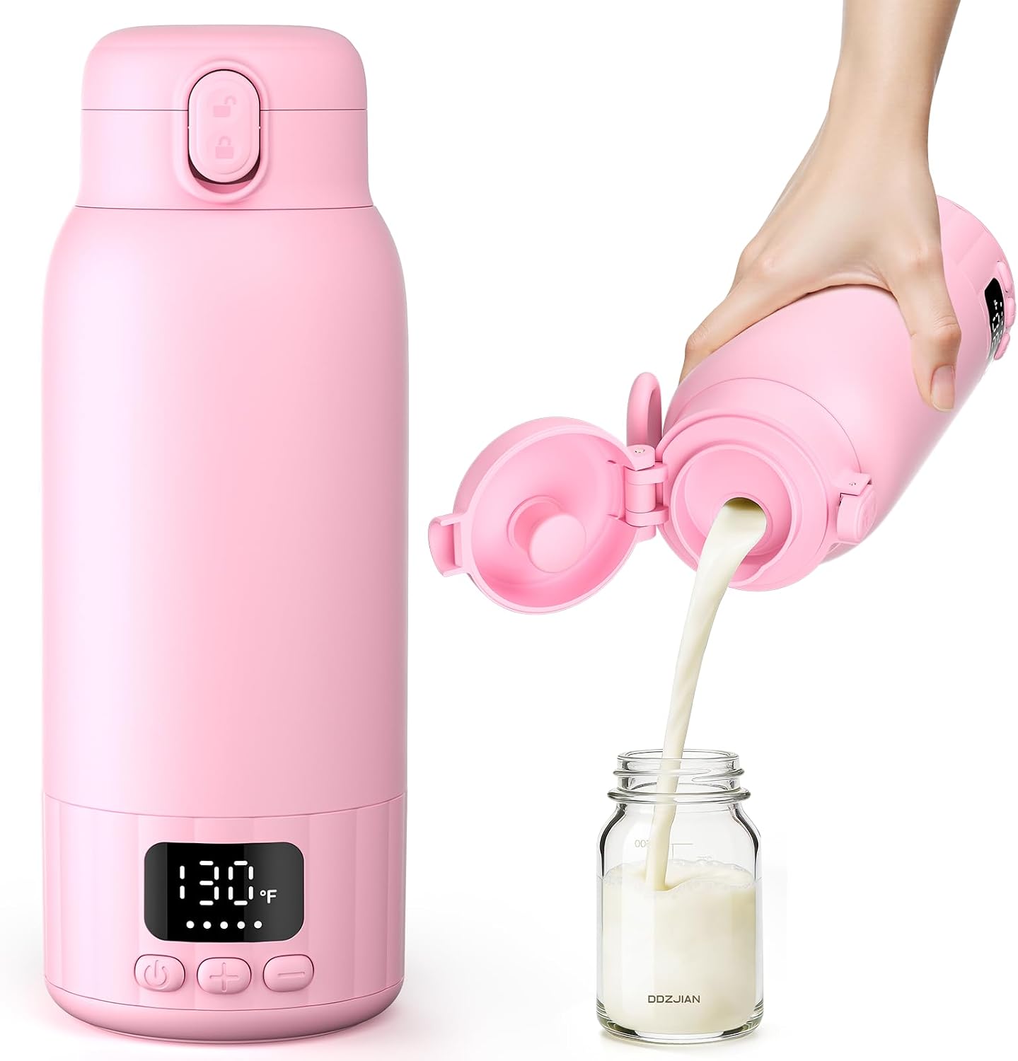 Portable Bottle Warmer for Travel, Fast Heating Milk Warmer On The Go, 17 OZ Water Warmer for Milk, Formula, Water, Temp Control 98°F -131°F, Baby Essentials for Outdoor Airplane Car Journey, Pink