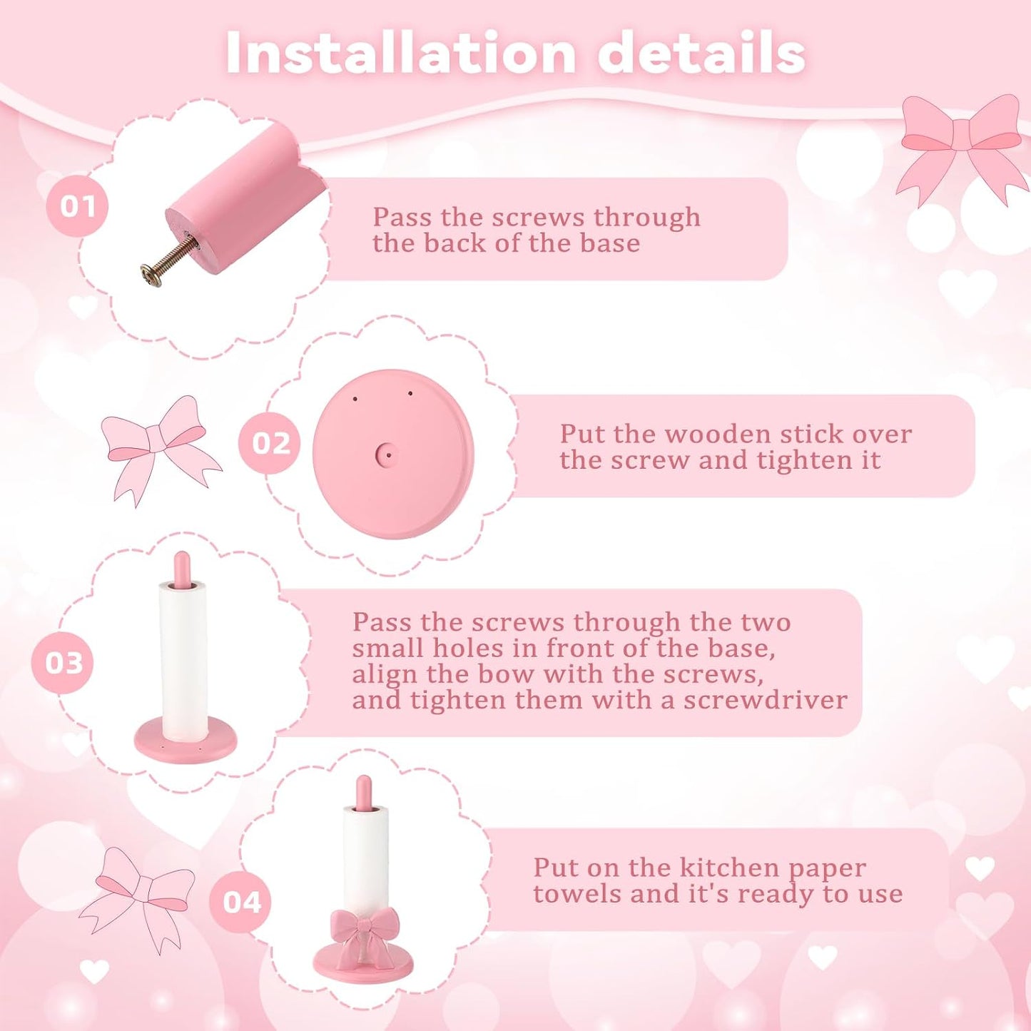 Leinuosen Pink Bow Paper Towel Holder Cute Resin Paper Towel for Kitchen Countertop Coquette Crafts Pink Bow Napkin Holder Decorative Gifts for Home Women Bathroom Free-Standing