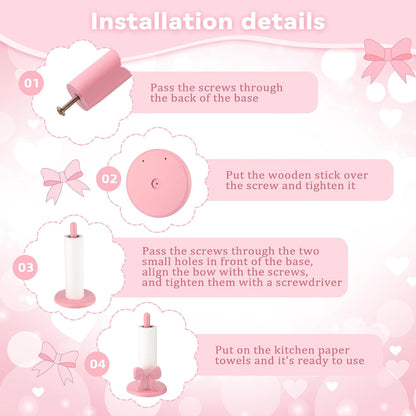 Leinuosen Pink Bow Paper Towel Holder Cute Resin Paper Towel for Kitchen Countertop Coquette Crafts Pink Bow Napkin Holder Decorative Gifts for Home Women Bathroom Free-Standing