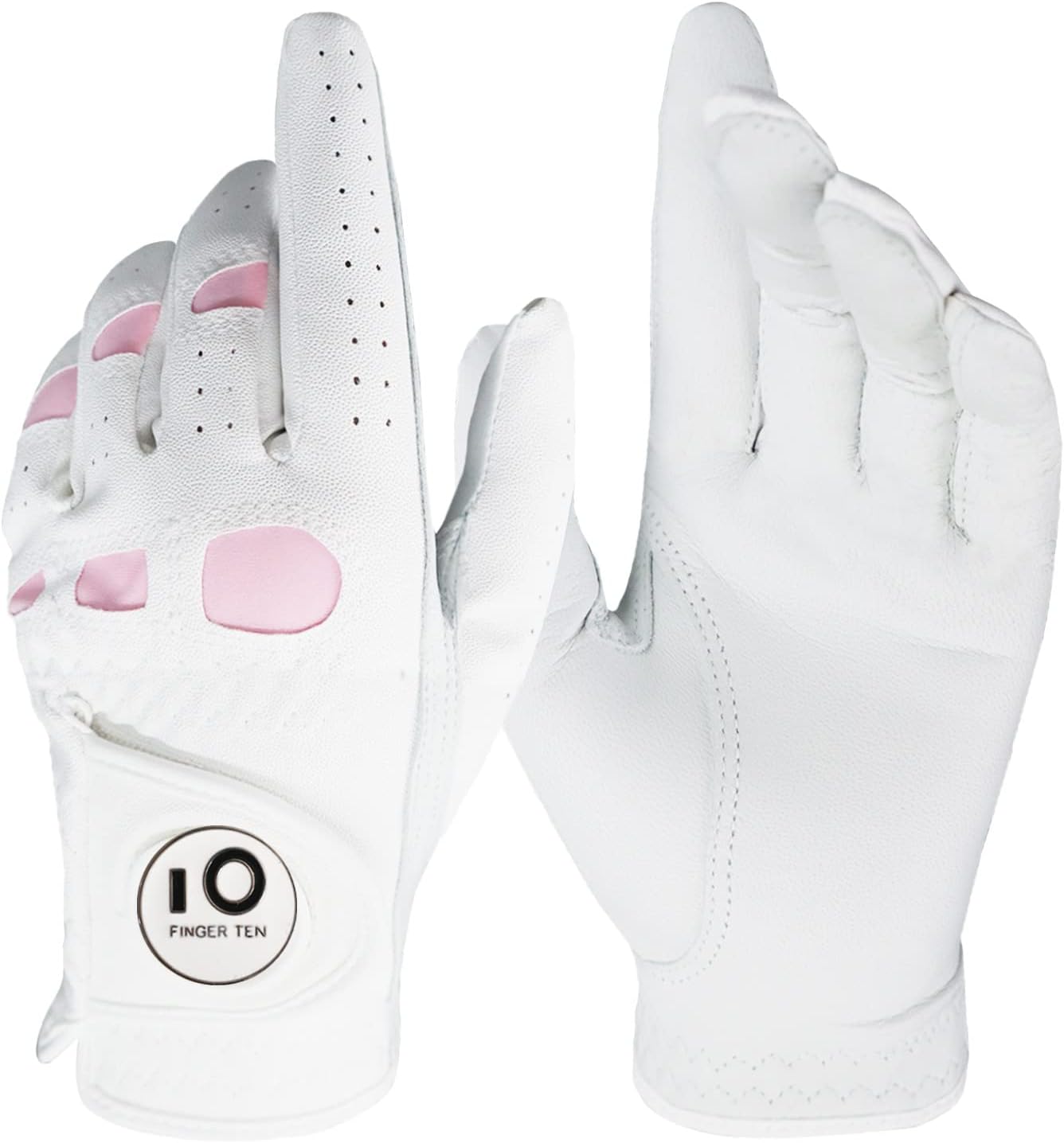 FINGER TEN Women’s Leather Golf Glove with Ball Marker Ladies Gloves Left Right Handed Golfer Extra Grip 1 Pack, Left Right Hand Pink Fit Woman Girl, Size Small Medium Large XL
