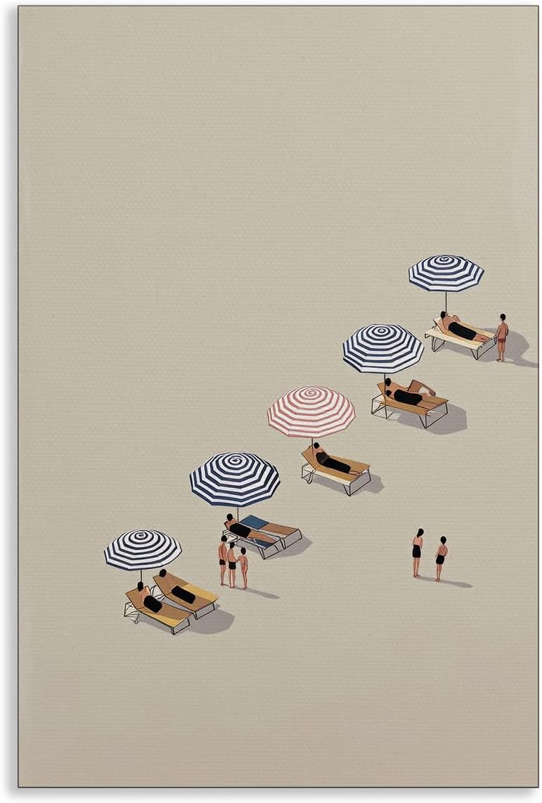 Summer Beach Canvas Wall Art, Pastel Pink Blue Umbrella Coastal Poster, Relaxing Seaside Sunbath Beachy Scene Wall Decor, Minimalist Beach Lover Gift Print for Bedroom 12x16in Unframed