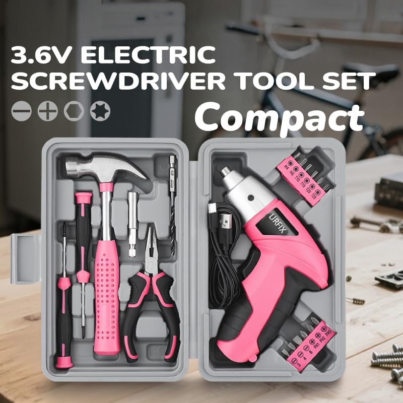 Pink 20-Piece 3.6V USB Rechargeable Cordless Screwdriver Set - Compact Toolbox with Claw Hammer, Needle-Nose Pliers & Screwdriver Bits, Low-Power Electric Tool Kit for Women, Ideal Gift