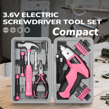 Pink 20-Piece 3.6V USB Rechargeable Cordless Screwdriver Set - Compact Toolbox with Claw Hammer, Needle-Nose Pliers & Screwdriver Bits, Low-Power Electric Tool Kit for Women, Ideal Gift