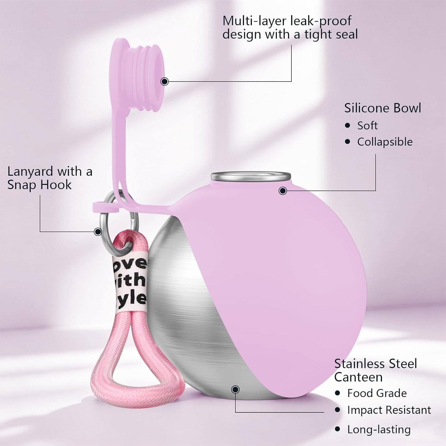 2 in 1 Dog Water Bottle with Bowl, 10oz Stainless Steel Travel Pet Water Dispenser, No-Spill Leak-Proof Design with Silicone Bowl, Compact Pet Drinking Bowl for Puppies Outdoor (Pink)