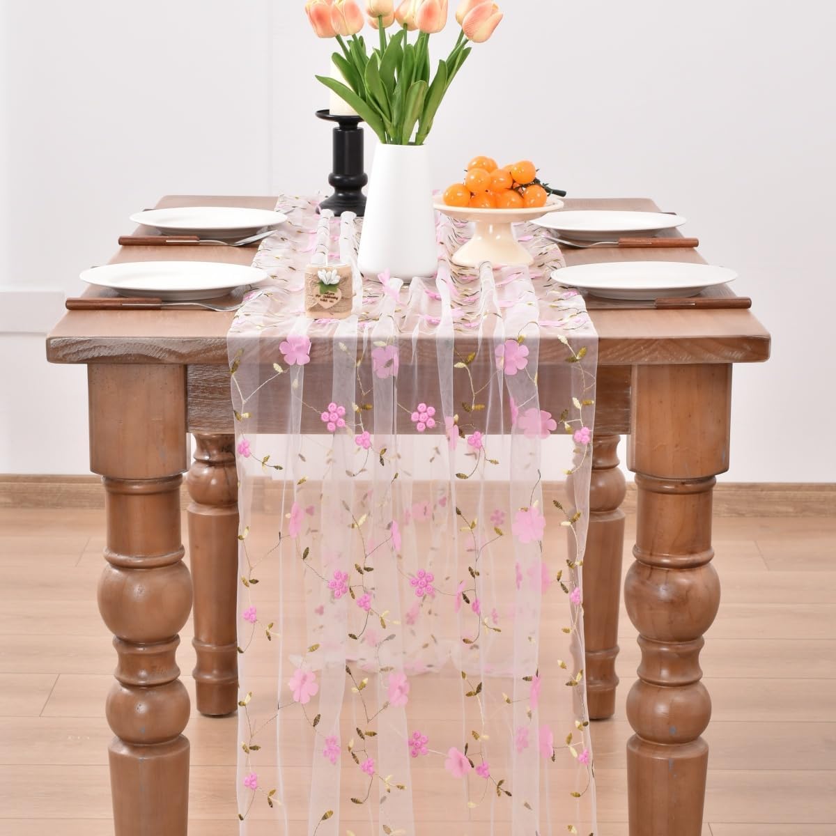 Joanlody Pink Floral Table Runner 10ft Embroidery Wildflowers Summer Seasonal Rustic Gauze Runner for Baby Shower Wedding Party Holiday Home Kitchen Dining Table Decor