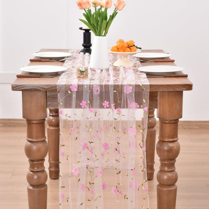 Joanlody Pink Floral Table Runner 10ft Embroidery Wildflowers Summer Seasonal Rustic Gauze Runner for Baby Shower Wedding Party Holiday Home Kitchen Dining Table Decor