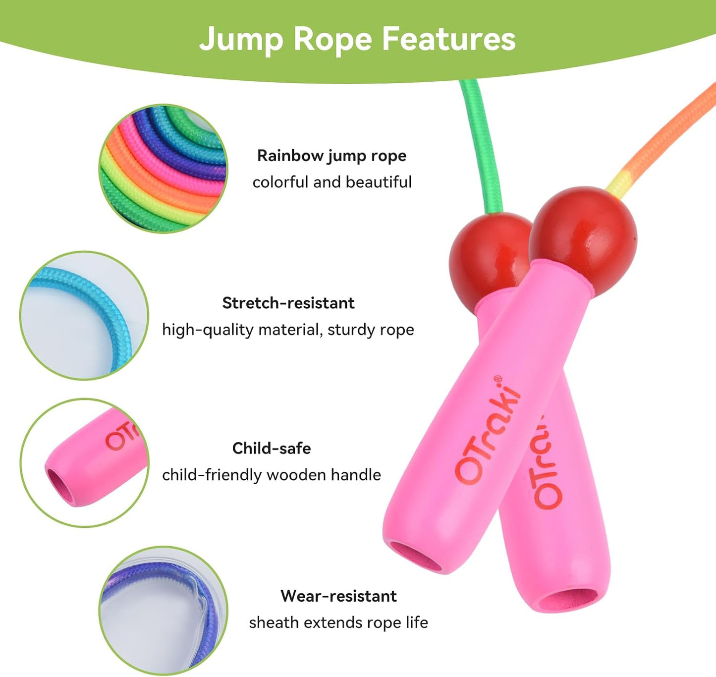 OTraki Rainbow Jump Rope, 8.2 ft Adjustable Cotton Braided Skipping Rope Jumpropes for Fitness Workout Exercise Outdoor Fun Activity (Pink)
