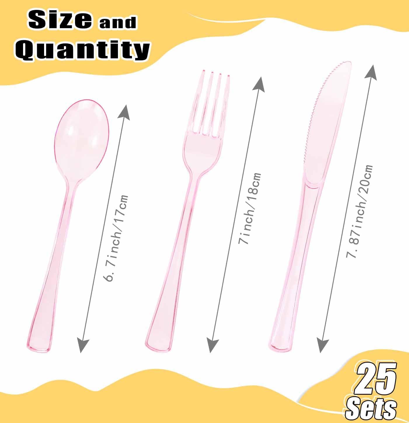 HEIPINIUYE 75 Pack Light Pink Clear Plastic Cutlery Heavy Duty Clear Pink Plastic Knives Forks and Spoons Disposable Silverware Set for 25 Guest Camping Birthday Baby Shower Party Utensil Set