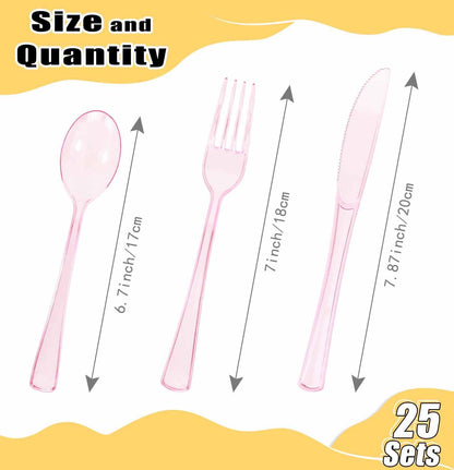 HEIPINIUYE 75 Pack Light Pink Clear Plastic Cutlery Heavy Duty Clear Pink Plastic Knives Forks and Spoons Disposable Silverware Set for 25 Guest Camping Birthday Baby Shower Party Utensil Set