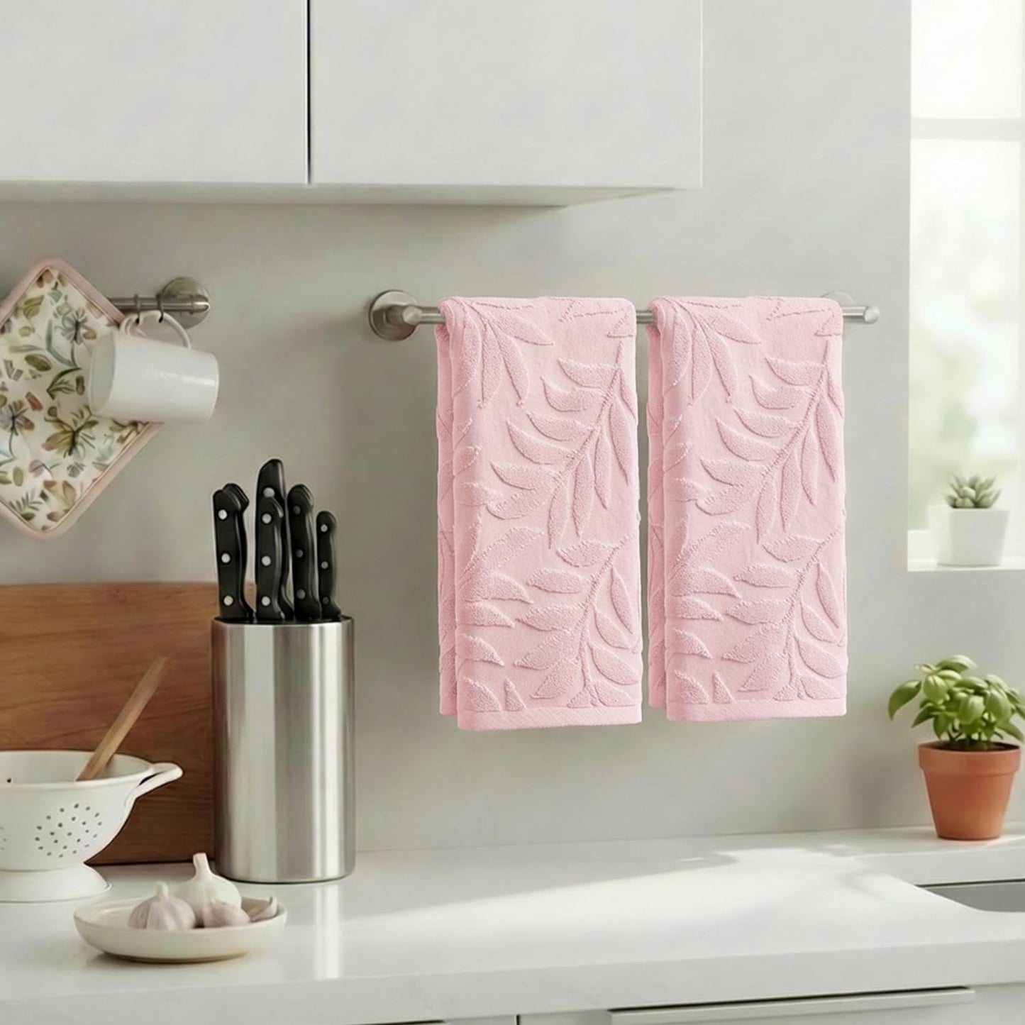 Artoid Mode 2 Pcs Pink 3D Leaves Jacquard Hand Towels for Bathroom, 100% Cotton Soft Absorbent Bathroom Decor Towels, 13.7 x 29.5 Inch