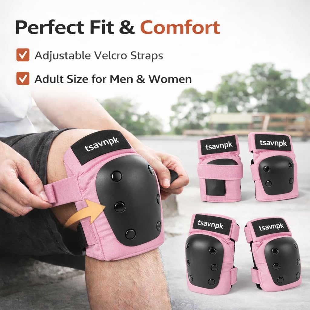 Knee and Elbow Pads Set for Women & Teens – Pink Skateboarding Protective Gear with Wrist Guards, Adjustable Skate Pads for Roller Skating, Inline Skating, Cycling (S/M/L)