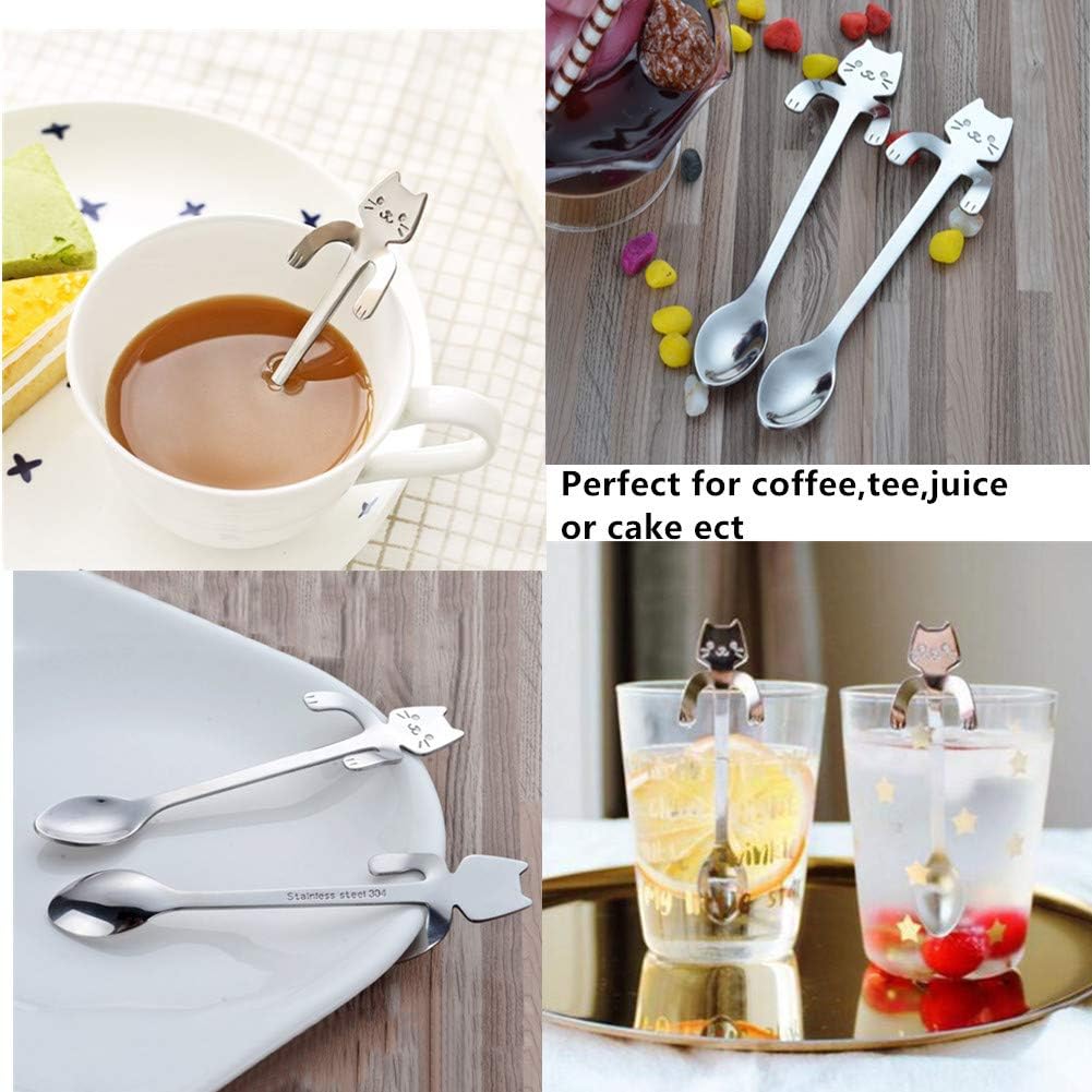 4 Pack Mini Cat Spoon Coffee Tea Spoon Set 304 Stainless Steel Cute Hang Cup Spoon Tableware Flatware Kitchen Gadget for Spice/Salt/Suger Dessert Picking Tea Coffee Drink Mixing (Rose gold)