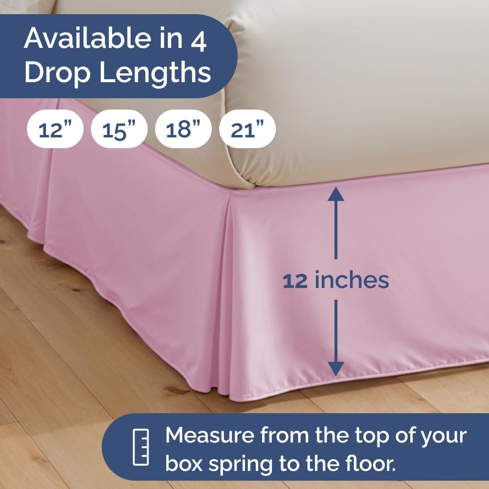 Pleated Bed Skirt Twin Size - 3 Sided Pleated Bed Skirt Twin - Soft, Easy Fit with 12 Inch Tailored Drop - Hotel Quality, Wrinkle Free & Fade Resistant - for Women, Men, Kids and Teens - Light Pink