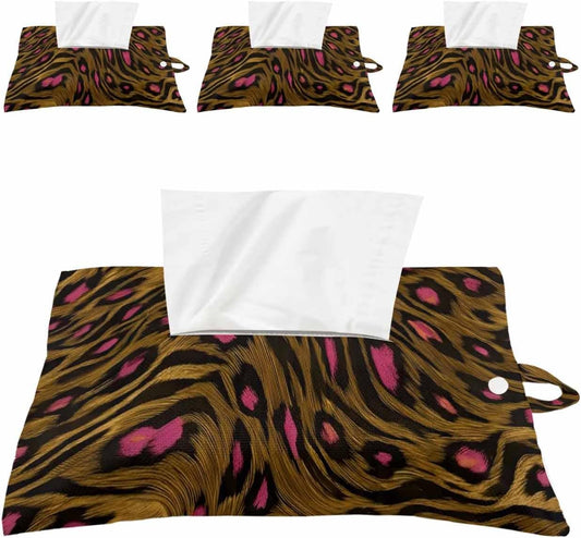 Tissues Box Cover Brown Pink Leopard Print Tissue Holder with Hanging Linen Organizer Dispenser Animal Skin Fur Tissues Box Covers Rectangle for Bathroom Toilet Car Office Kitchen Tabletop Decor 4 PCS