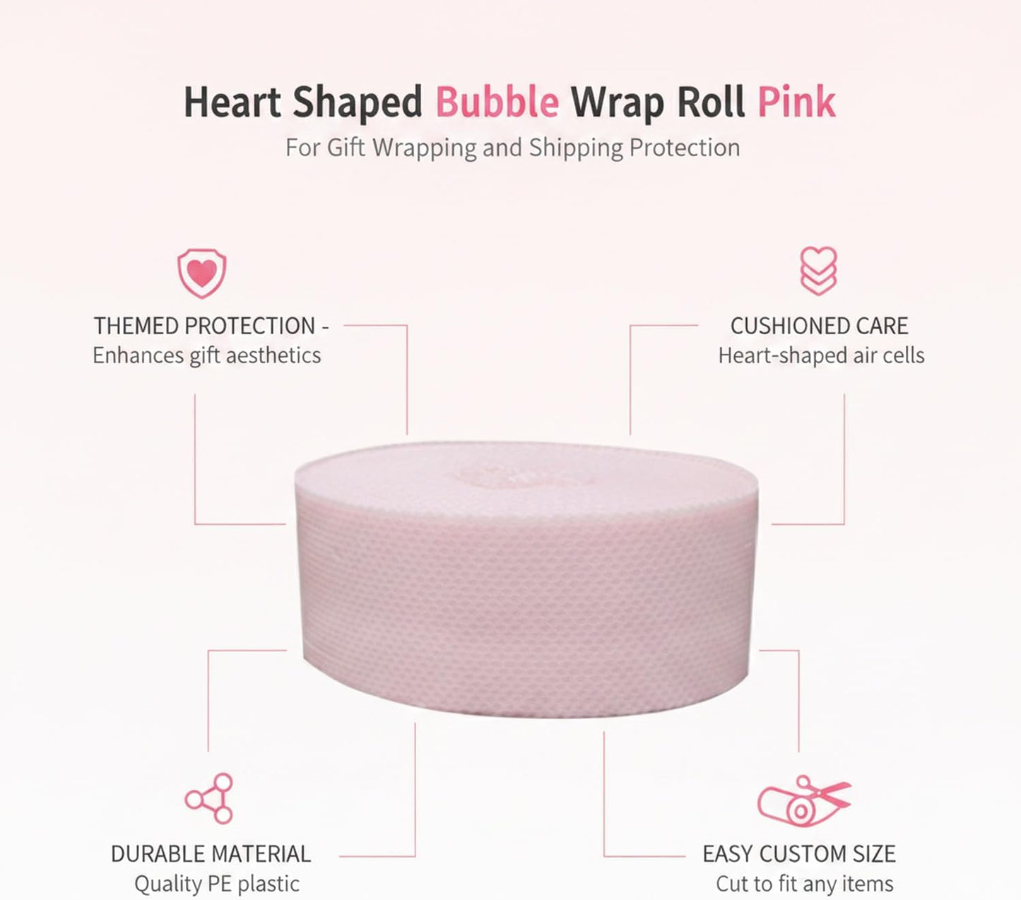 Pink Heart Bubble Wrap Roll for Gift Wrapping & Shipping Cushioning - Decorative Packaging
