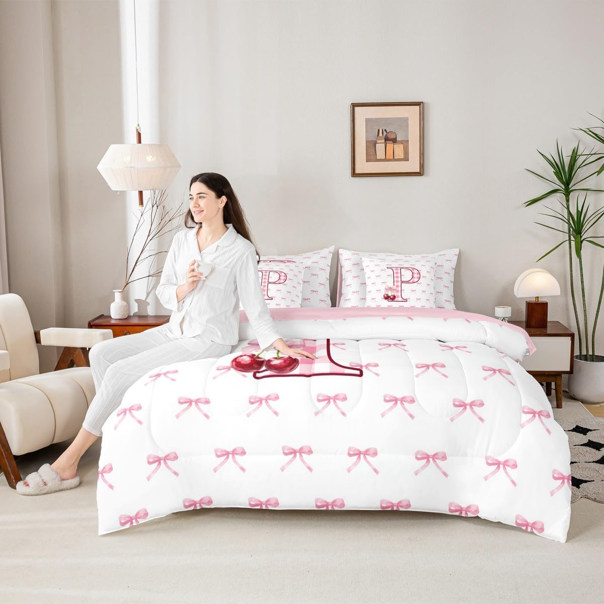 Erosebridal Initial P Letter Bowknot Bed in A Bag Queen 7 Piece Pink Bow Tie Cherry Comforter Set Princess Coquette Decor Bedding Sets for Kids Girls Ribbon Buffalo Checkered Sheet Set with Comforter