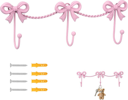 Pink Bow Hooks Bow Wall Hook, 3 Bow Knot Coat Hooks Metal Bowknot Towel Hooks Door Hanger Holder for Wedding Bathroom Bags Coats Hats Coffee Mugs Room Kitchen Decorations (Pink-A)