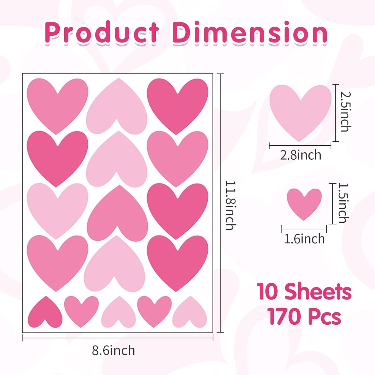 AOWDIAO 170 Pcs Heart Wall Decals - Peel and Stick Pink Decor for Girl Bedroom, Nursery, Playroom Decoration