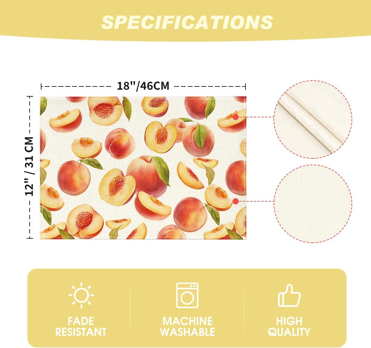 Artoid Mode Peach Fruit Summer Placemats Set of 4, 12x18 Inch Seasonal Spring Holiday Table Mats for Party Kitchen Dining Decoration